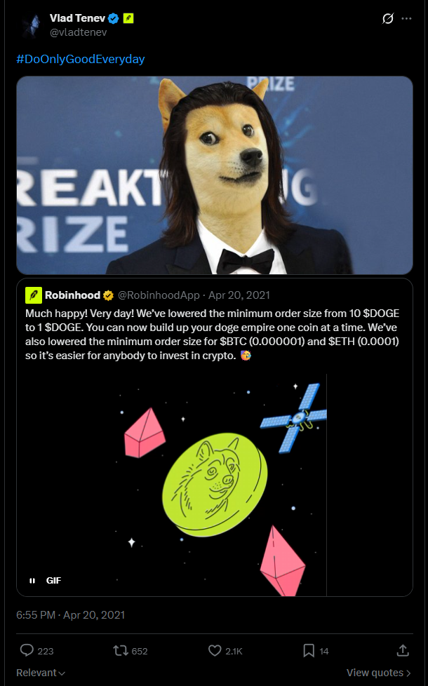 Vlad Tenev post from April 20, 2021